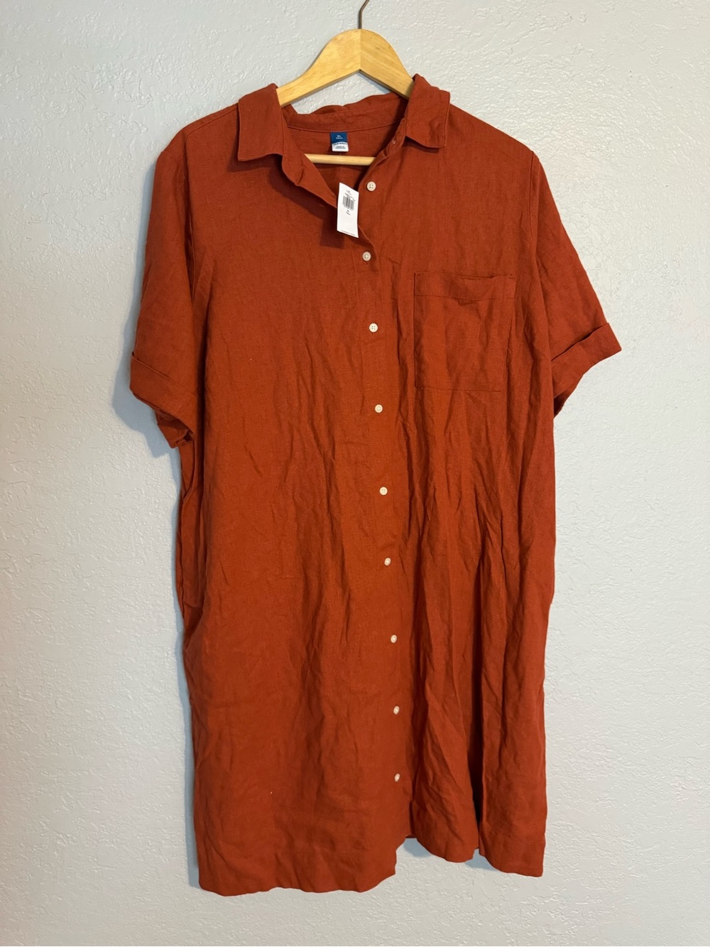 Casual Short-Sleeve Button-Down Shirt Dress in Rust